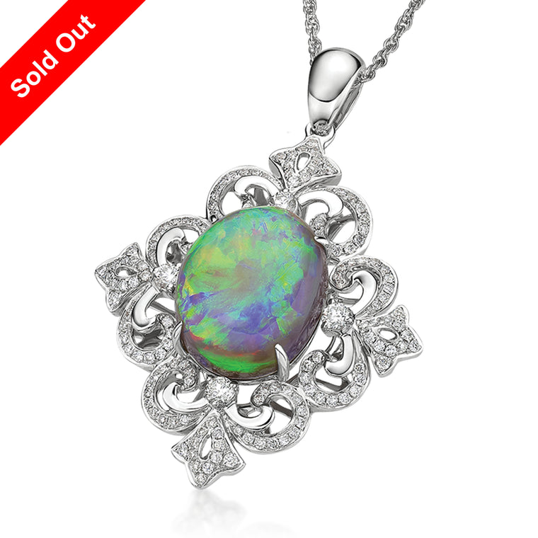 18K White Gold & Diamond Australian Black Opal Pendant